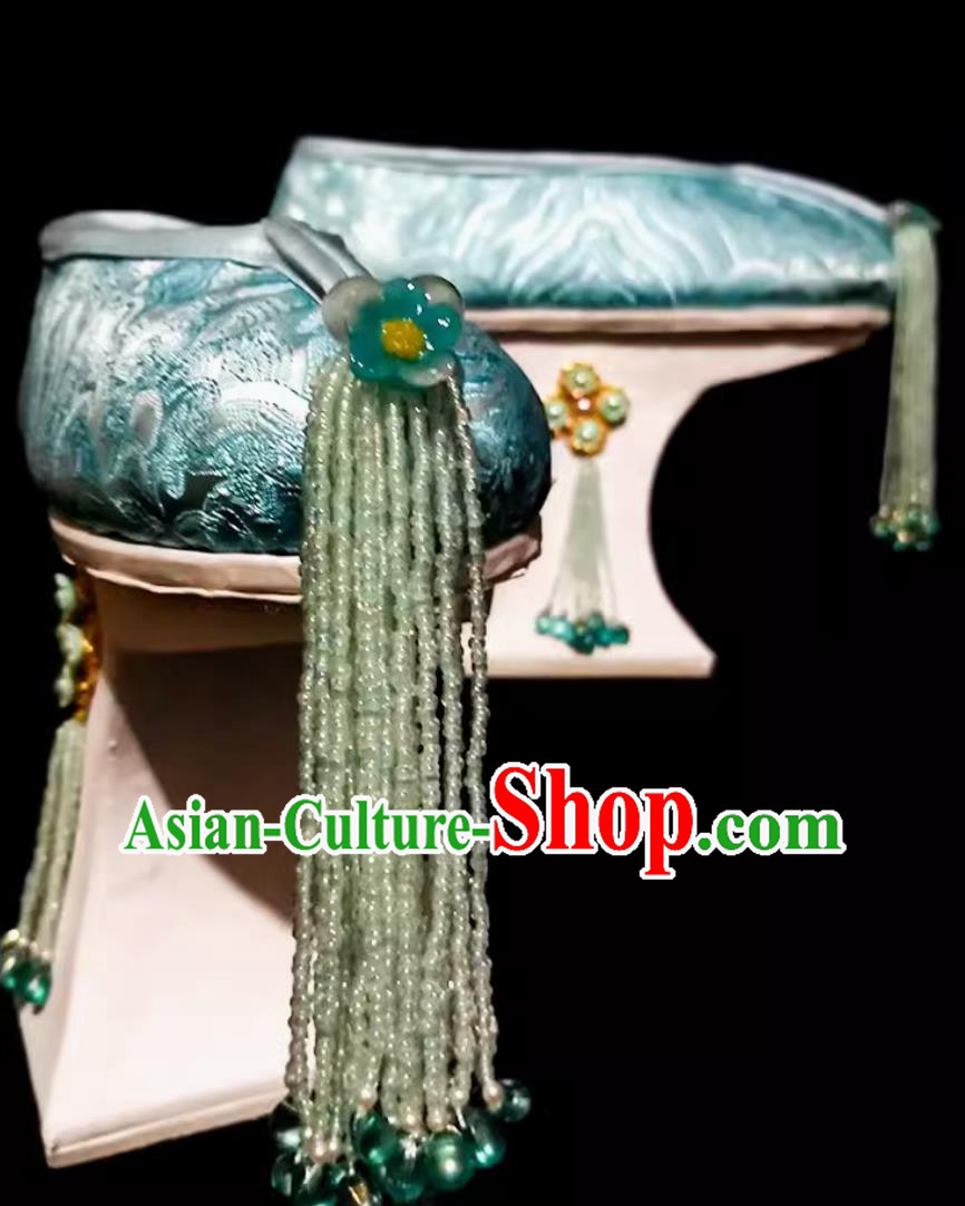Ruyi Royal Love in the Palace Ancient Chinese Empress Blue Brocade Shoes Handmade Qing Dynasty Palace Woman Shoes