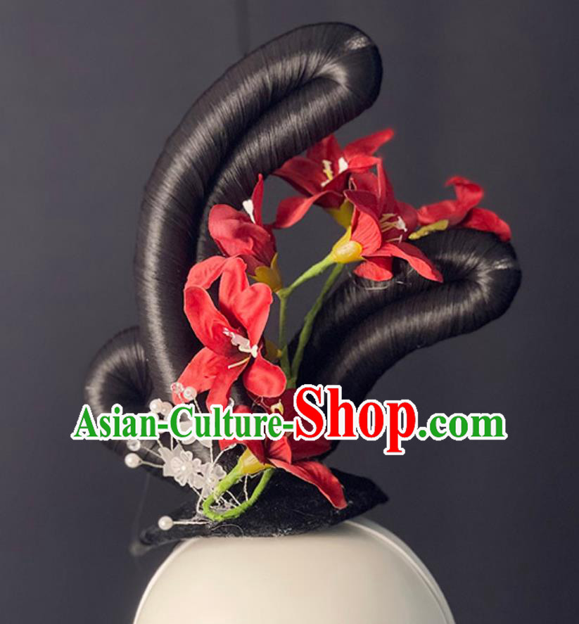 Chinese Classical Dance Red Headpieces Handmade Hanfu Dance Wig Chignon Zui Qing Bo Tang Dance Hair Jewelries