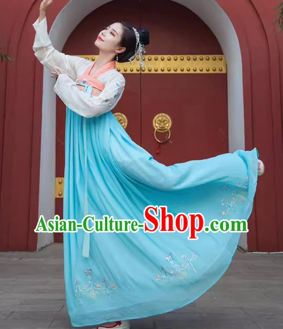 Traditional Chinese Hanfu Ruqun Tang Dynasty Young Lady Blue Dress Ancient Fairy Costume