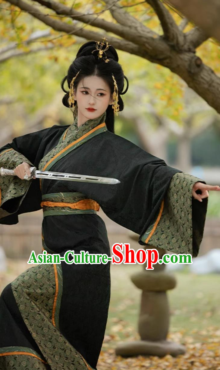 Chinese Warring States Robe Traditional Black Hanfu Dress Ancient China Royal Princess Costume