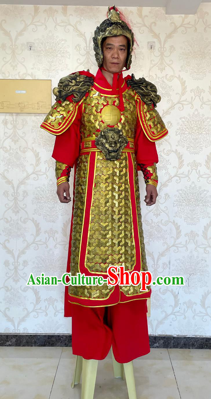 Chinese Folk Dance Stilt Walk Costume Song Dynasty General Yue Fei Clothing Ancient China Hero Armor and Helmet Complete Set