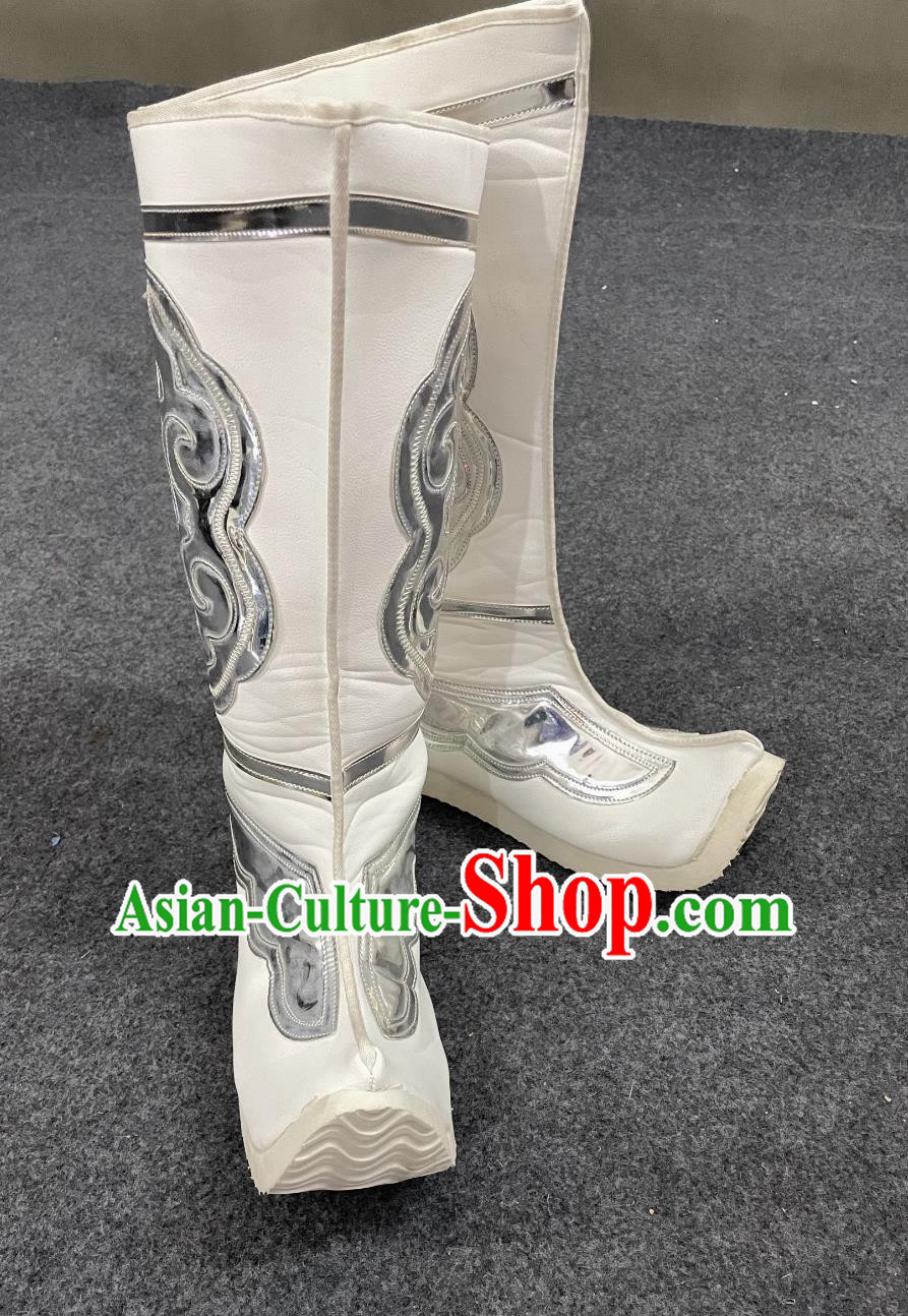 Ancient China Hero Shoes Mongolia Dance Boots Traditional Dance White Boots