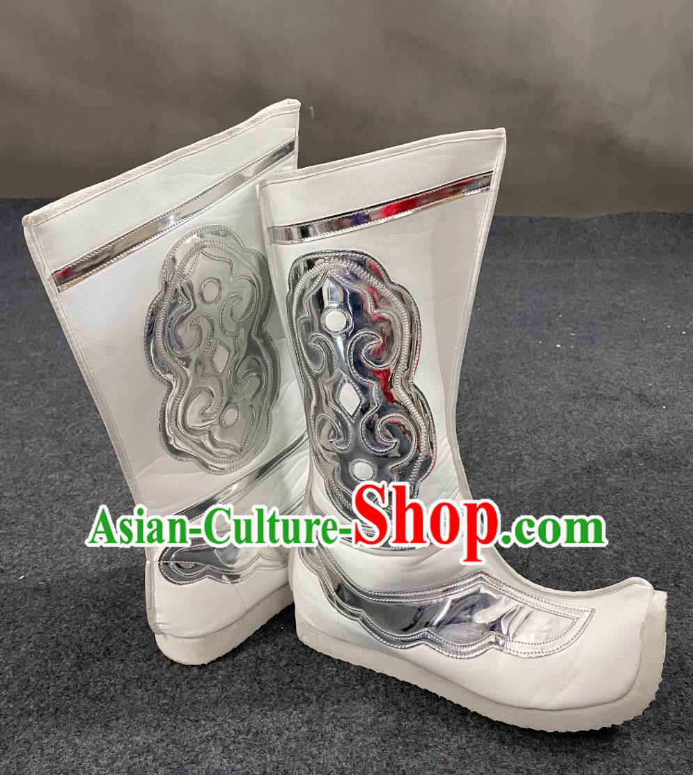 Ancient China Hero Shoes Mongolia Dance Boots Traditional Dance White Boots