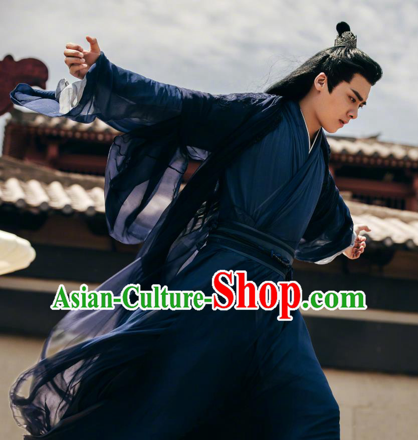 Mirror A Tale of Twin Cities Young Leader of Quan Xian Tribe Su Mo Clothing Chinese TV Drama Ancient Swordsman Dark Blue Costumes