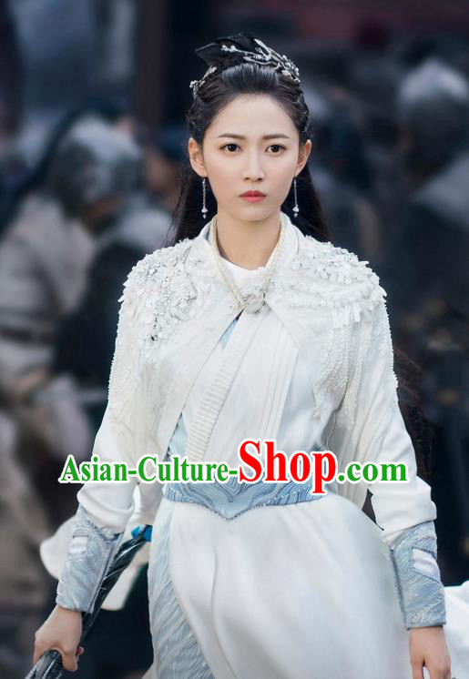 Chinese TV Drama Ancient Female Warrior White Costumes Mirror A Tale of Twin Cities Crown Princess Bai Ying Dresses