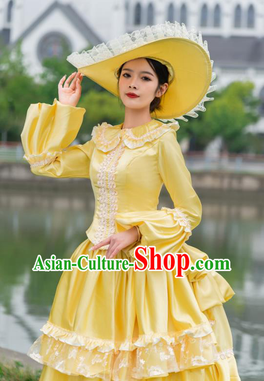 Drama Princess Yellow Long Dress European Court Costume French Medieval Retro Aristocratic Clothing