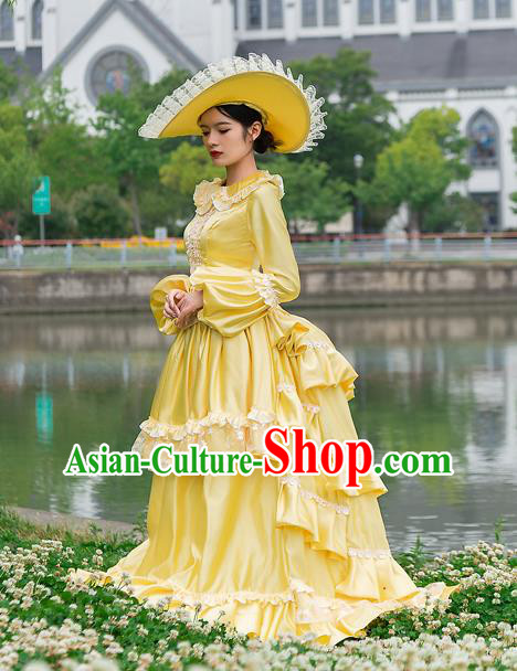 Drama Princess Yellow Long Dress European Court Costume French Medieval Retro Aristocratic Clothing