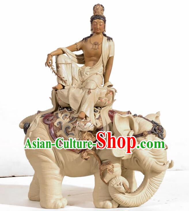 Top Handmade Samantabhadra Bodhisattva Statue Chinese Shiwan Ceramics Arts Collection Riding Elephant Buddha