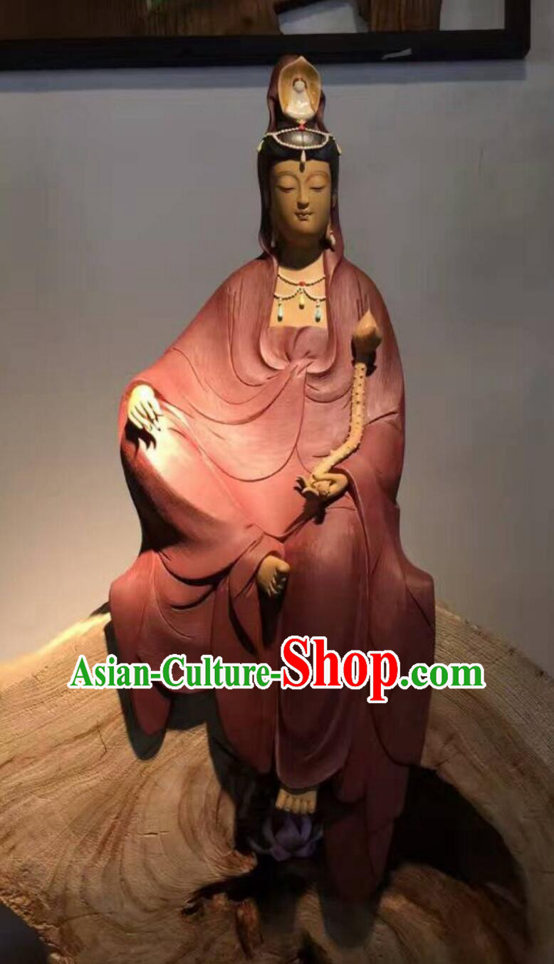 Red Dress Guan Yin Statue Handmade Shiwan Ceramic Sculpture Chinese Bodhisattva Figurine