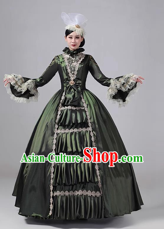 Blackish Green Drama Costume European Court Dress French Medieval Aristocratic Long Dress Retro Princess Garment Stage Walk Show Clothing