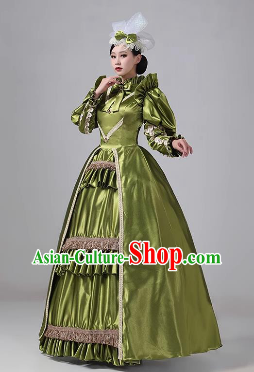 Olive Green European Court Clothing British Medieval Retro Aristocratic Princess Dress Stage Costume