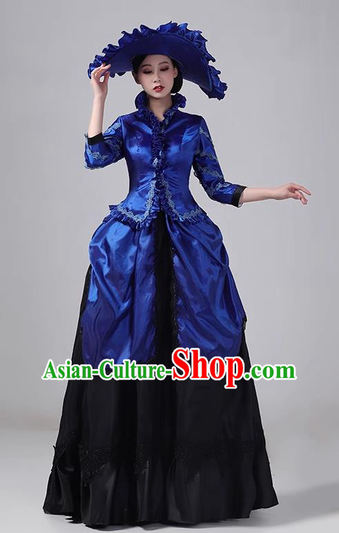 Royal Blue European Court Clothing Medieval Noble Evening Dress Long Dress Retro Princess Stage Show Drama Costume