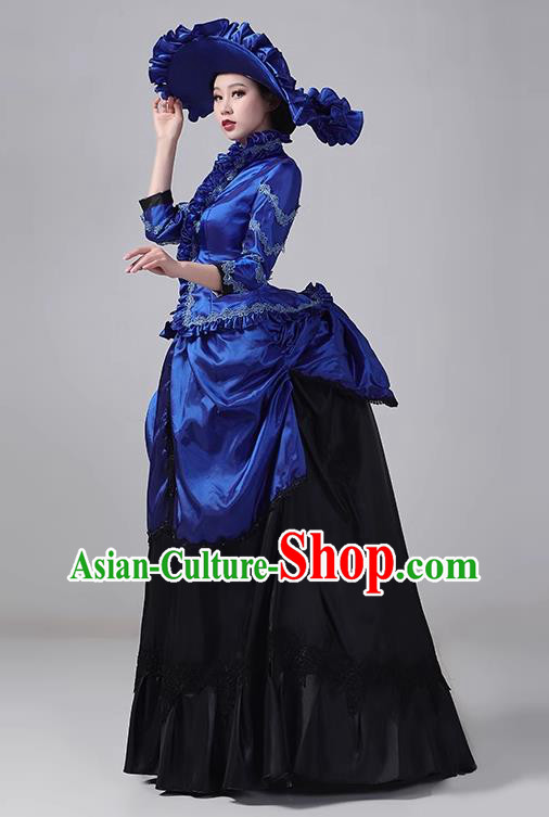 Royal Blue European Court Clothing Medieval Noble Evening Dress Long Dress Retro Princess Stage Show Drama Costume