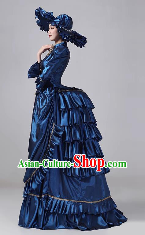 Navy Blue European Style Court Dress British Medieval Retro Costume French Style Women Robe Dress Stage Outfit Princess Dress