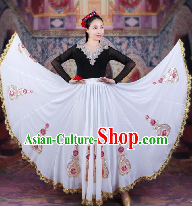 720 Degree Swing White Chiffon Skirt With Gold Edge And Lace Ethnic Style Four Season Long Skirt Chinese Xinjiang Dance Performance Costume