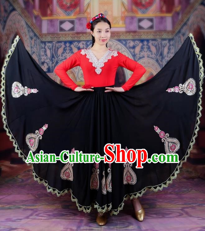 720 Degree Swing Black Chiffon Skirt With Gold Edge And Lace Ethnic Style Four Seasons Long Skirt Chinese Xinjiang Dance Performance Costume