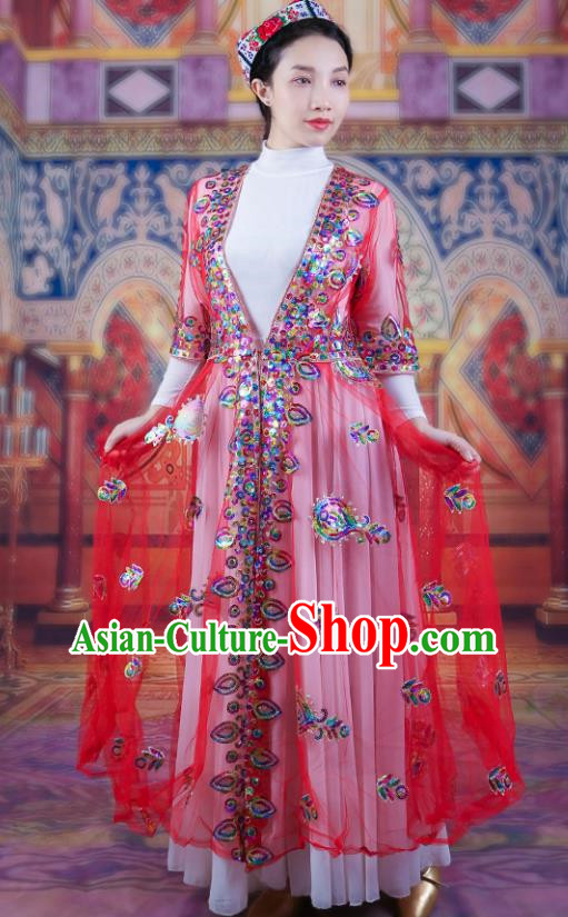Red China Xinjiang Dance Performance Costume Ethnic Style Bead Embroidery Women Costume Uyghur Long Mesh Vest