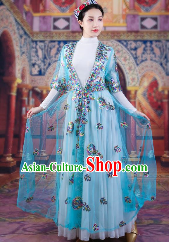 Blue Chinese Xinjiang Dance Performance Costumes Ethnic Style Beaded Embroidery Women Costumes Uyghur Long Mesh Vest