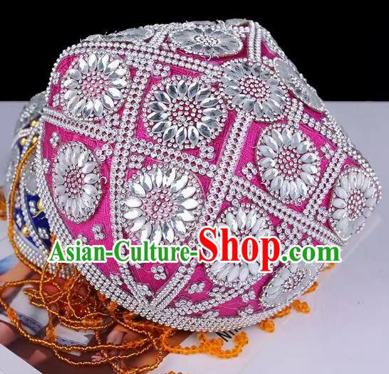 China Xinjiang Dance Performance Hat Ethnic Style Pure Handmade Beaded Embroidery Headwear Uyghur Stage Performance Silver Rose Red Flower Hat