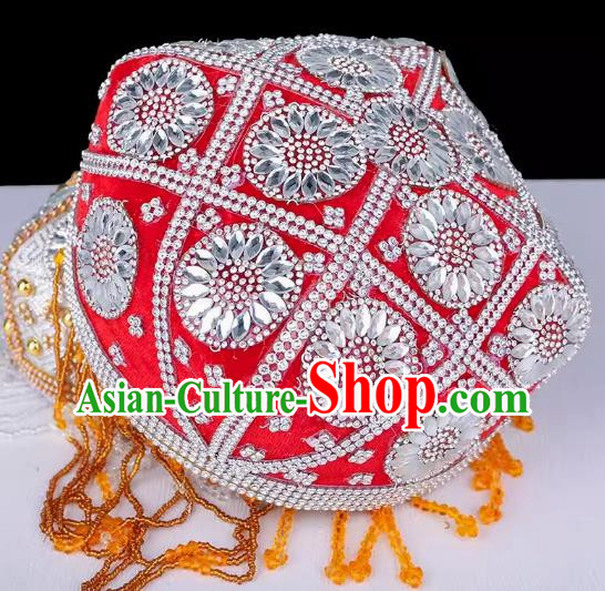 China Xinjiang Dance Performance Hat Ethnic Style Pure Handmade Beaded Embroidery Headwear Uyghur Stage Performance Silver Red Flower Hat