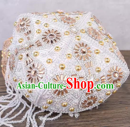 Yellow And White Uighur Flower Hat Handmade Beaded Lady Red Bada Wood Flower Headdress China Xinjiang Dance Stage Hat