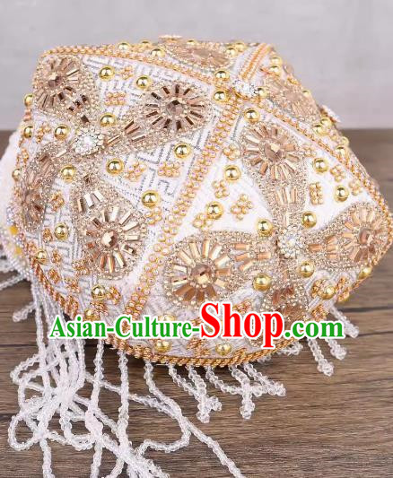 Gold And White Uighur Flower Hat Handmade Beaded Lady Red Bada Wood Flower Headdress China Xinjiang Dance Stage Hat