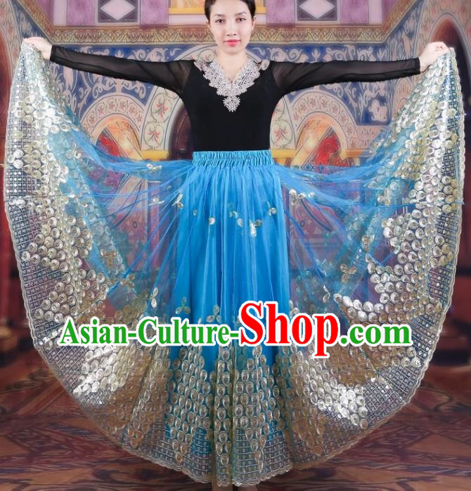 China Xinjiang Dance Performance Costumes Women Mesh Embroidered Skirt Uyghur Ethnic Style Red Large Swing Elegant Blue Skirt