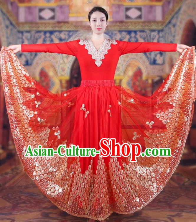 China Xinjiang Dance Performance Costumes Women Mesh Embroidered Skirt Uyghur Ethnic Style Red Large Swing Elegant Red Skirt