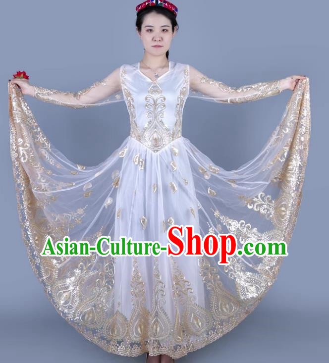 White China Xinjiang Dance Spring And Summer Mesh Embroidered Double Layer Oversized Swing Dress Ethnic Style Stage Skirt