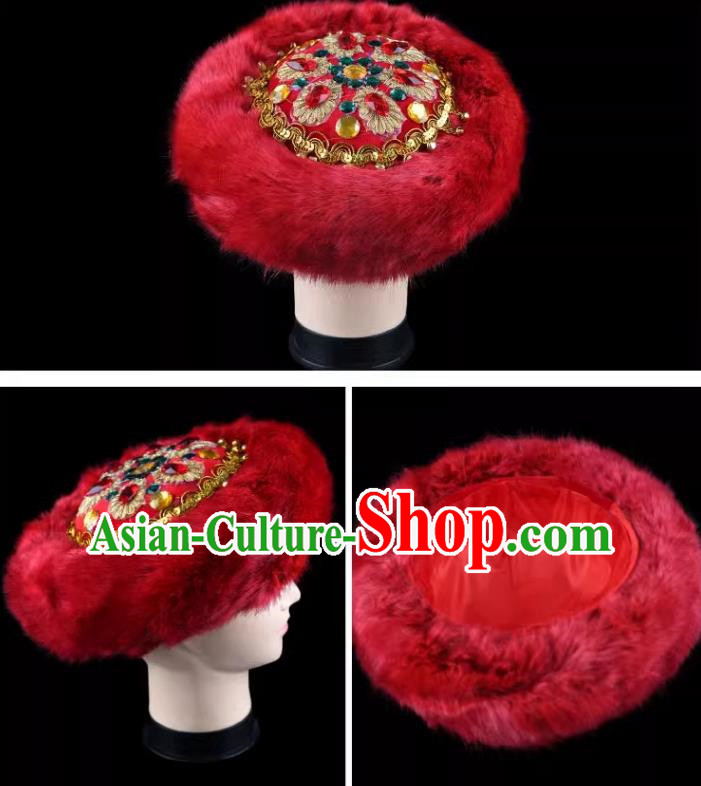 Red China Xinjiang Dance Hat Winter Dome Fur Flower Hat Hoop Hat Folk Dance Ladies Stage Performance Performance Bright Diamond