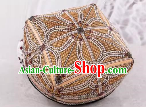 Light Brown Chinese Xinjiang Dance Men Hat High End Ethnic Style Traditional Four Corner Flower Hat Dance Hat Uighur Square Dance Performance Hat