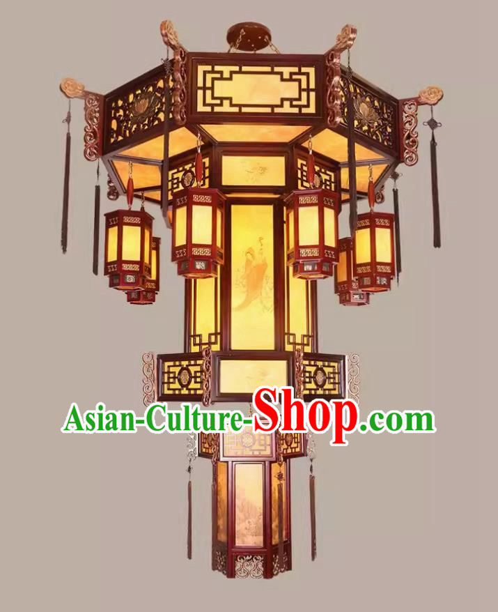 75 Inches Diameter Antique Chinese Villa Chandelier Solid Wood Hexagonal Lantern Classic Hotel Lobby Headlight