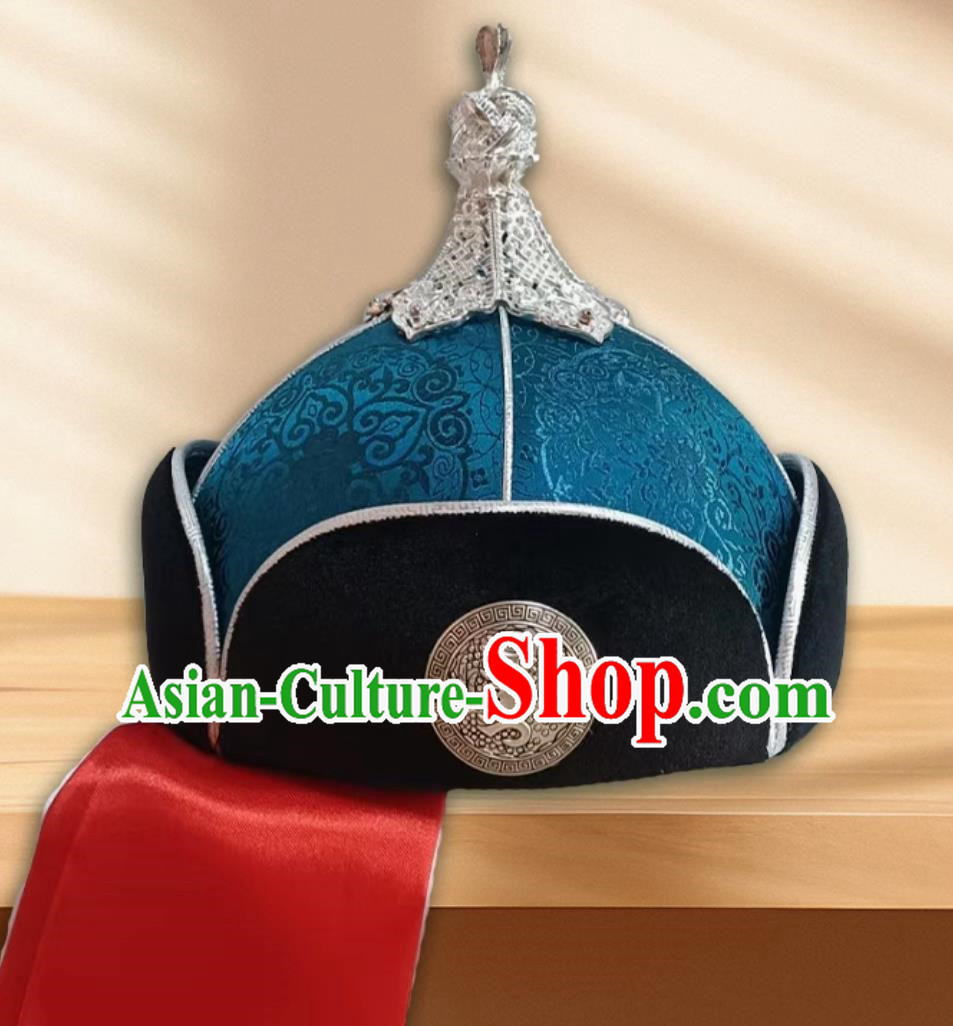 Peacock Blue Men Adult Mongolian Pointed Hat Prairie Prince Hat Headwear