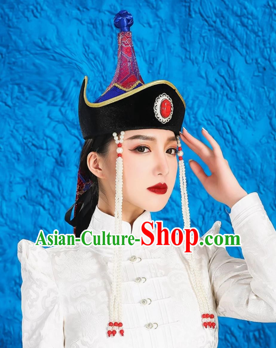 Mongolian Women Hats High End Ethnic Minority Style Wedding Bridal Headwear Photography Red Forehead Ornaments