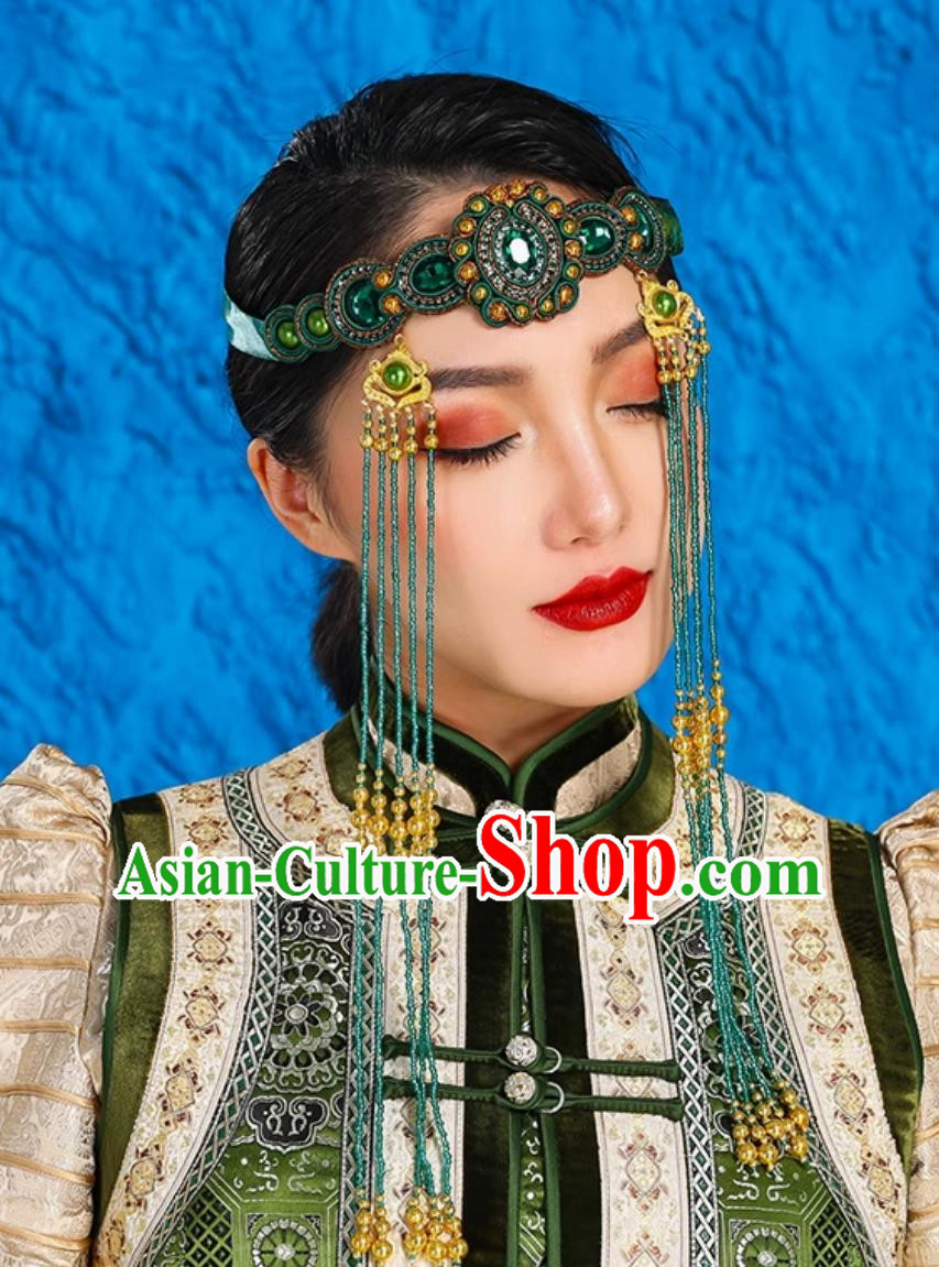 Dark Green Mongolian Female Headdress Tibetan Ethnic Minority Style Wedding Hair Accessories Stage Performance Tassel Beads