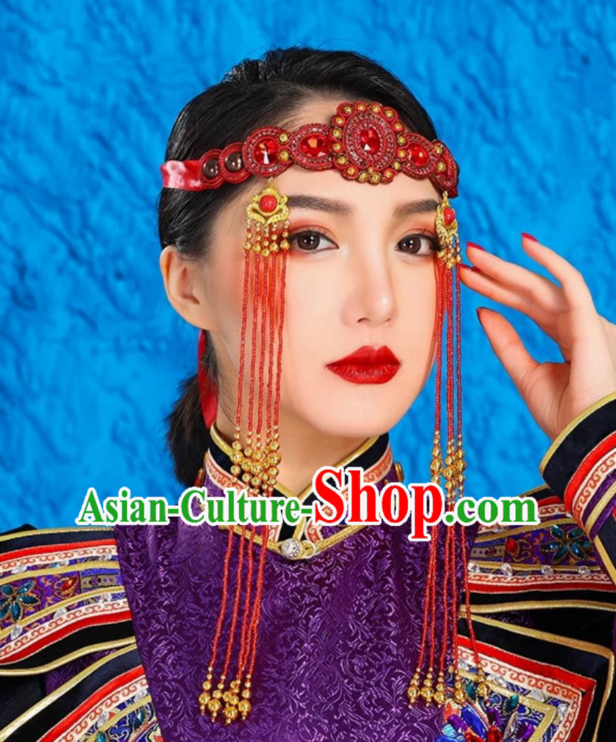 Red Mongolian Female Headdress Tibetan Ethnic Minority Style Wedding Unique Hair Accessories Stage Performance Tassel Beads