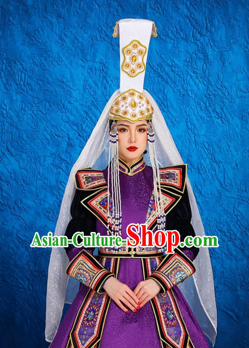 Mongolian Lady Bride Wedding White Wedding Dress Headdress Hat Ethnic Wedding Performance Hat