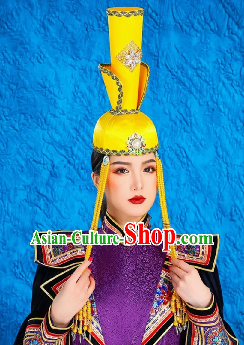 Mongolian Ladies Yellow Tall Hat Minority Style National Style Classical Tiara Catwalk Headwear