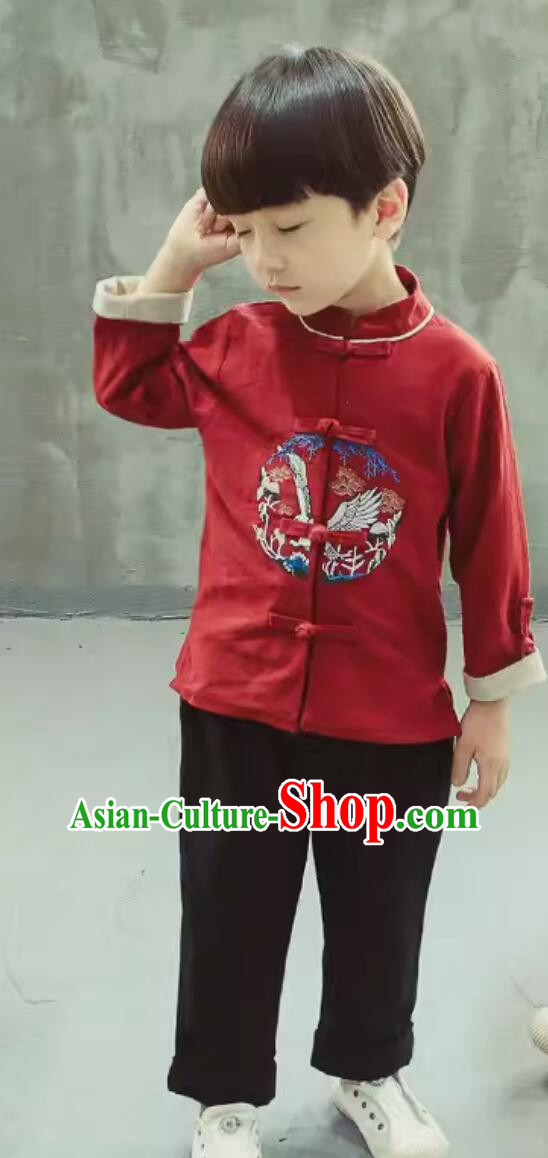 Chinese National Costumes Children Tang Suit Embroidered Eagle Red Shirt and Pants Complete Set