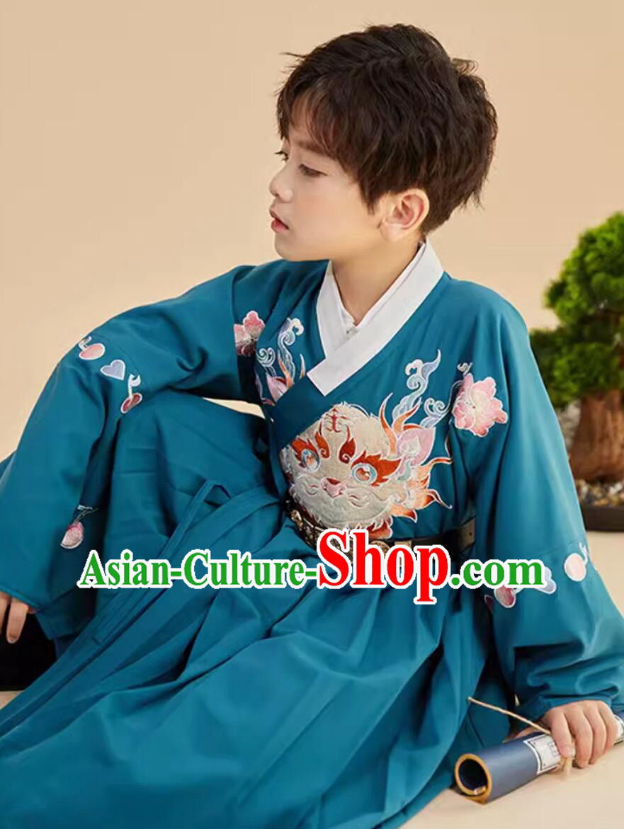 Chinese Ming Dynasty Embroidered Tiger Green Robe Traditional Hanfu Children Costumes