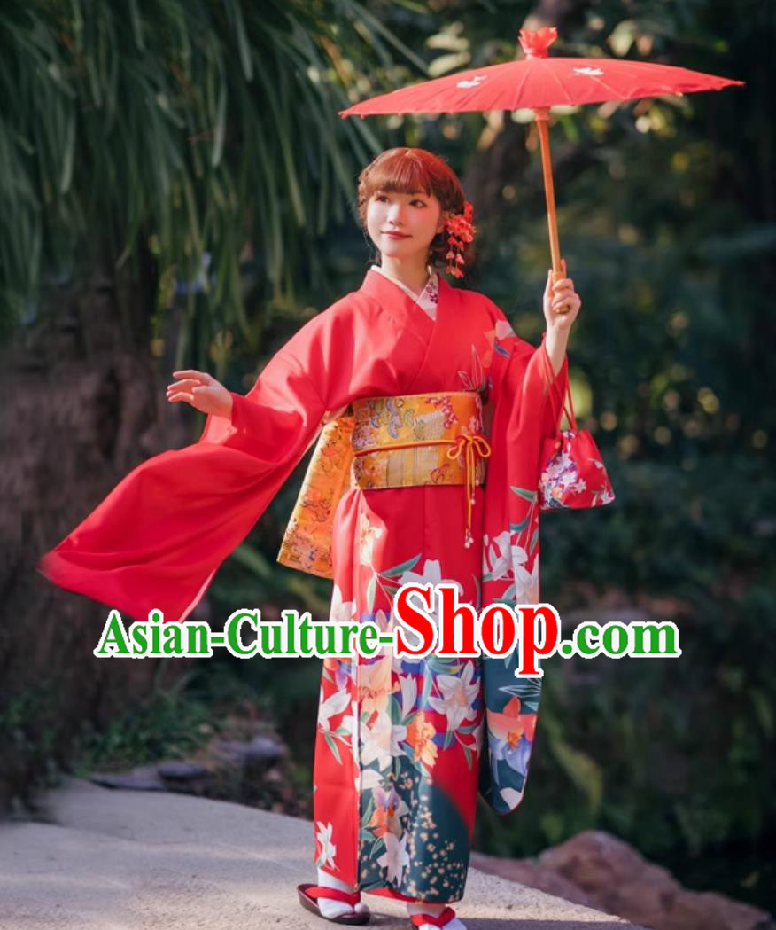 Asian Japan National Dress Japanese Traditional Garments Classical Lily Flowers Pattern Furisode Kimono for Women