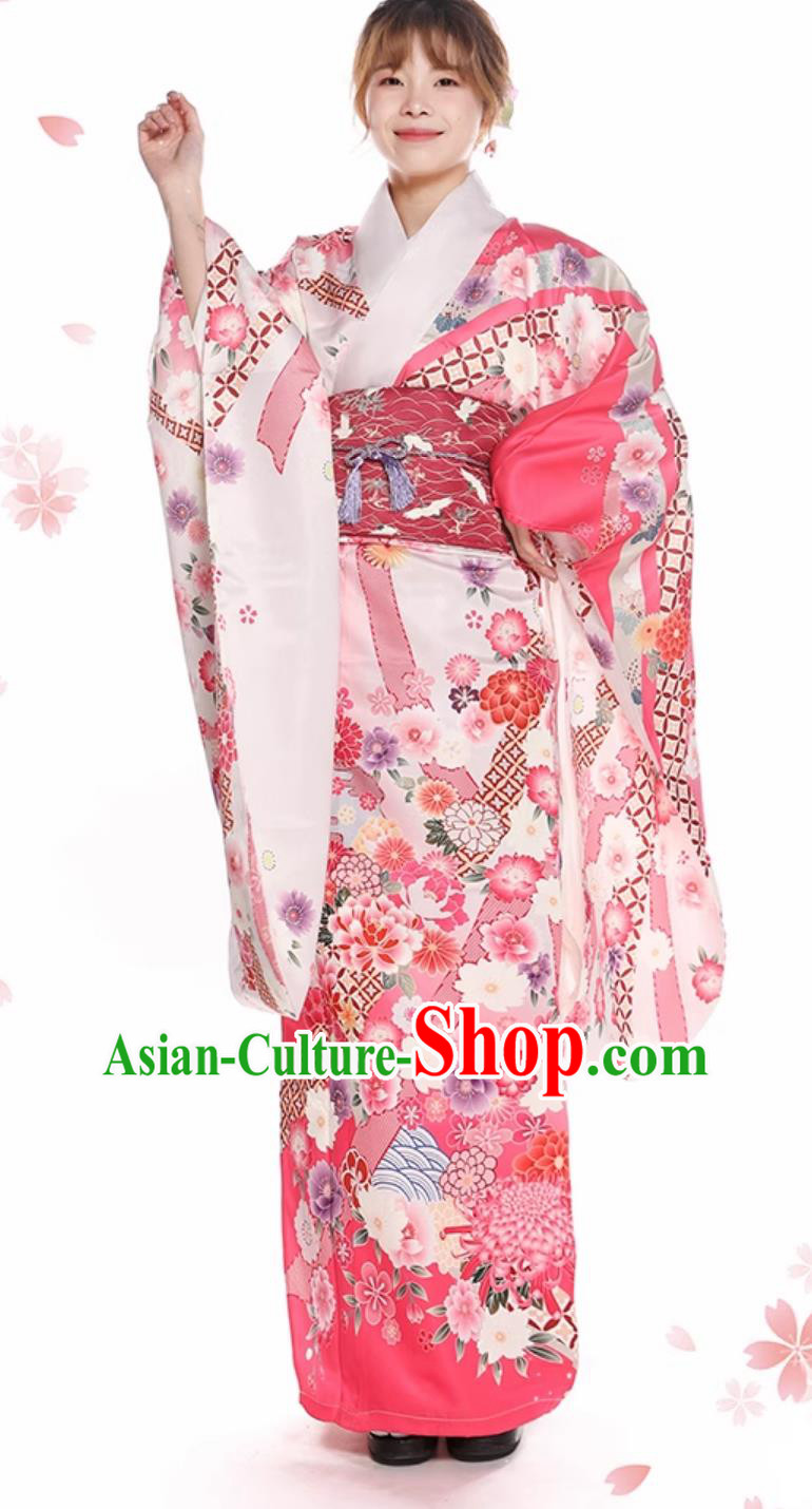 Asian Japan Classical Sakura Pattern Furisode Kimono National Pink Dress Japanese Traditional Garments