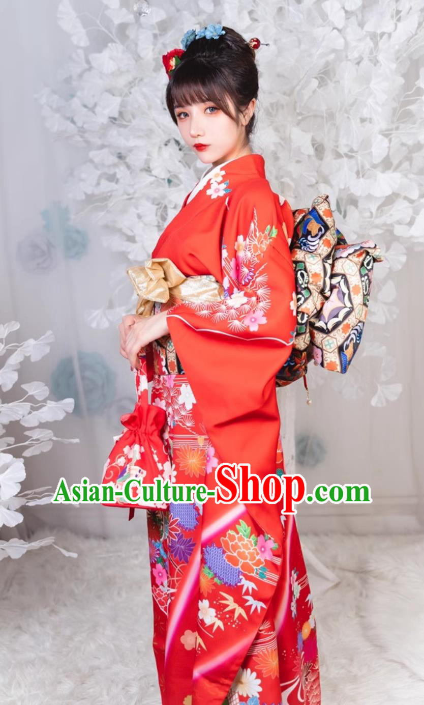 Japan Classical Red Furisode Kimono Top Japanese National Dress Traditional Orthodox Garments