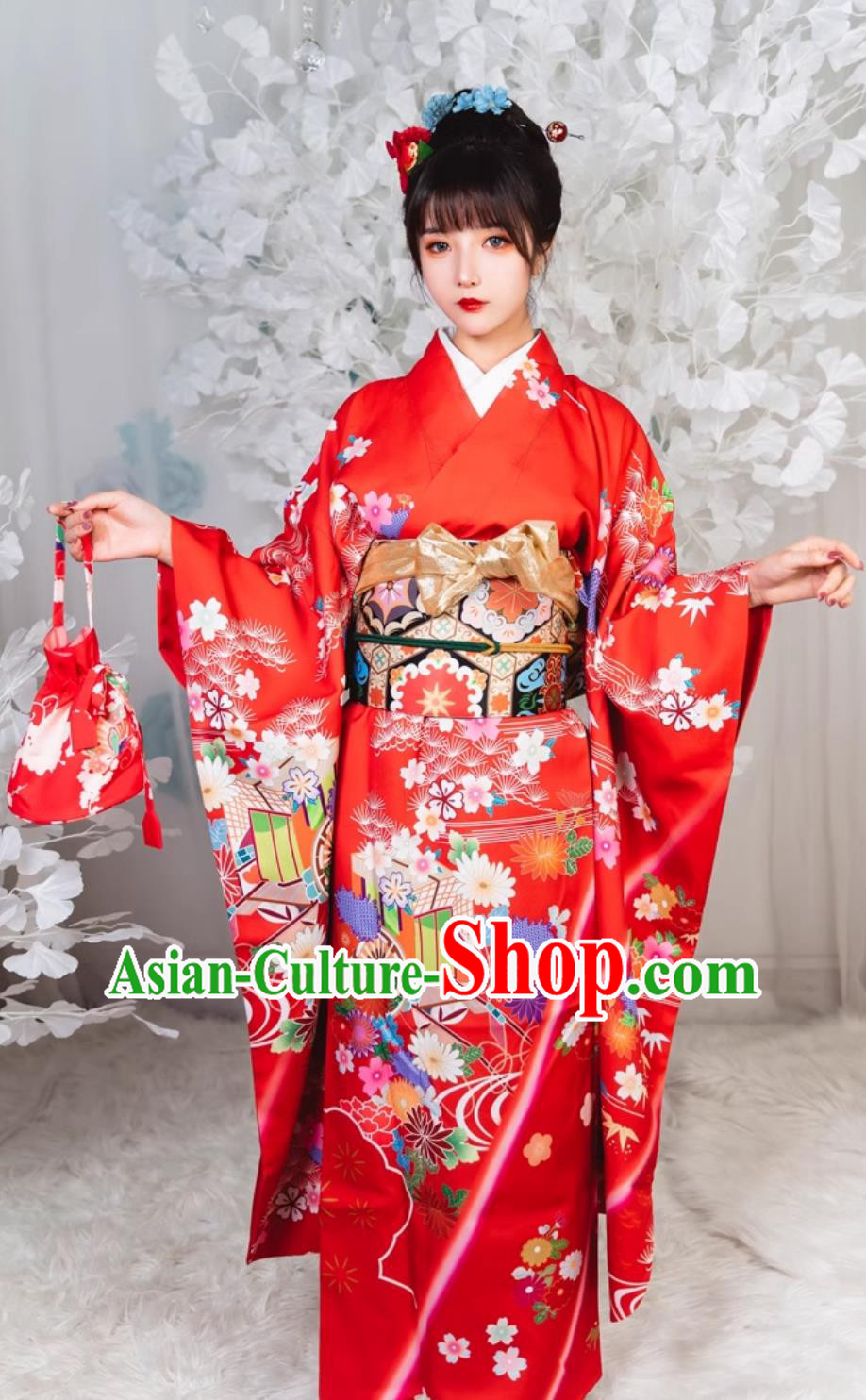 Japan Classical Red Furisode Kimono Top Japanese National Dress Traditional Orthodox Garments