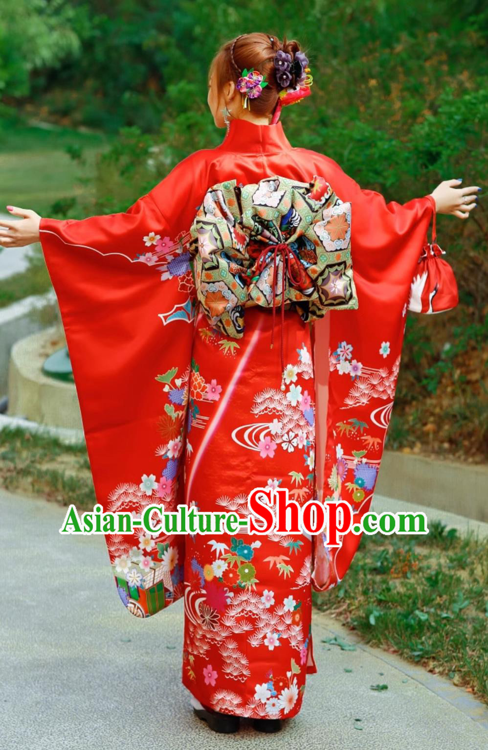 Japan Classical Red Furisode Kimono Top Japanese National Dress Traditional Orthodox Garments
