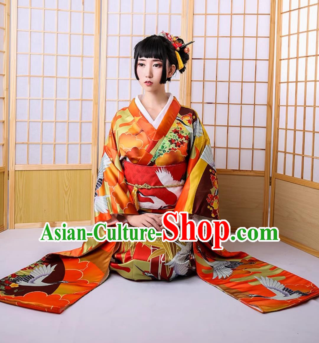 Japan Traditional Orthodox Garments Classical Crane Pattern Furisode Kimono Top Japanese National Dress