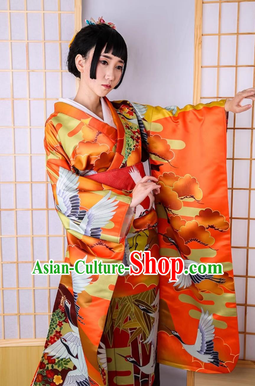 Japan Traditional Orthodox Garments Classical Crane Pattern Furisode Kimono Top Japanese National Dress