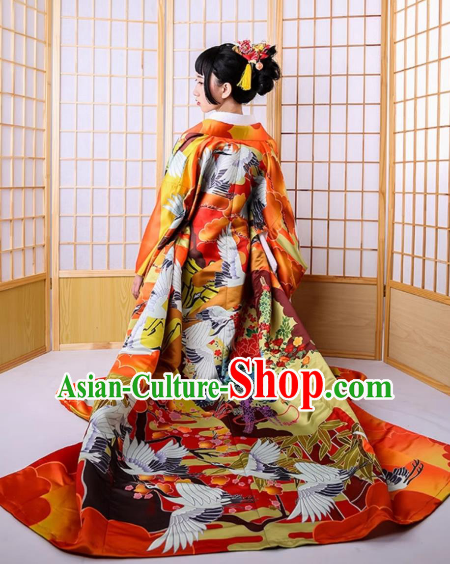 Japan Traditional Orthodox Garments Classical Crane Pattern Furisode Kimono Top Japanese National Dress