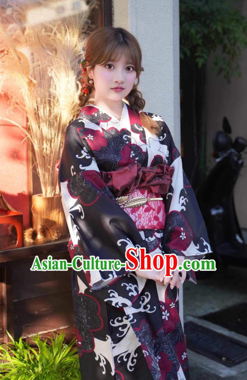 Japanese Kimono Women Traditional Clothing Formal Attire Printed Red And Black Kimono