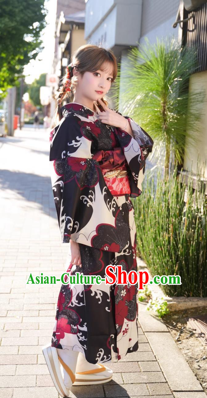 Japanese Kimono Women Traditional Clothing Formal Attire Printed Red And Black Kimono